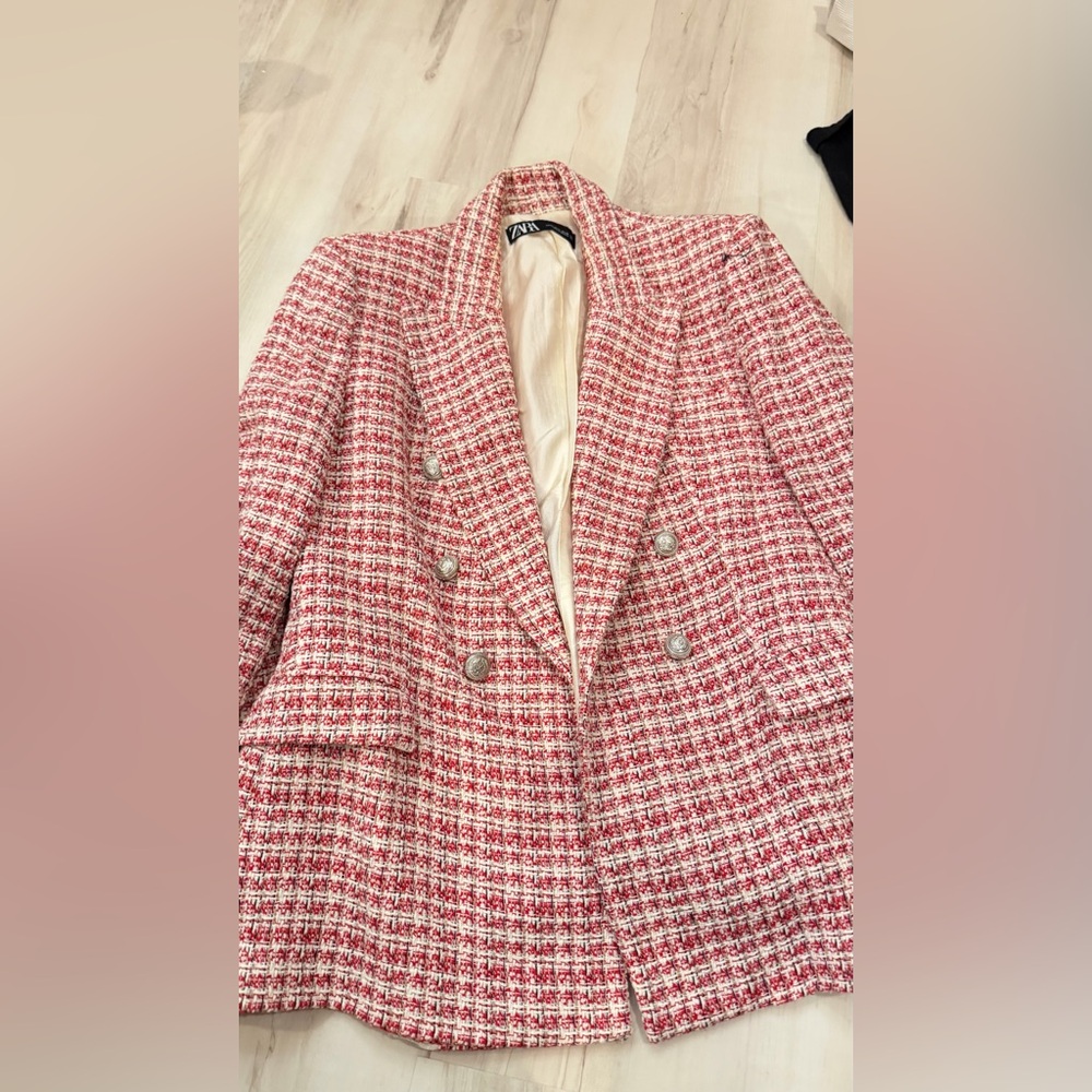 Zara Red and White Tweed Blazer